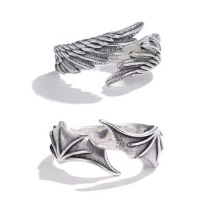 Retro angel and devil wing open rings in vintage silver finish for couples