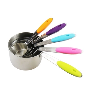 Set of 5 stainless steel measuring cups with colorful silicone handles and clear markings