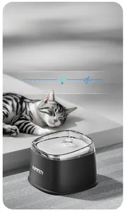 Macro shot of ultra-quiet 20-30dB pet water fountain with silent pump and cat sleeping nearby