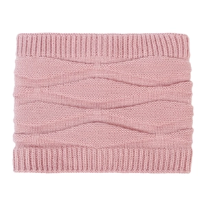 Detailed view of pink knitted neck gaiter with diamond textured thick wool pattern