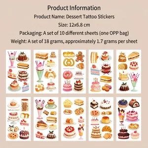 Detailed view of 10 sheets of dessert-themed temporary tattoos measuring 12x6.8 cm