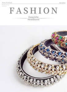 Close-up of four baroque sponge headbands with intricate hand-set rhinestones in assorted colors