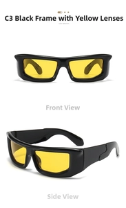 Detail view of thick black square sunglasses featuring wavy temples and yellow lenses