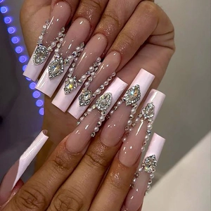 French Press On Nails Long Square Nude Pink With Luxury Rhinestone Artificial Pearl Decor Elegant Fake Fingernails For Women
