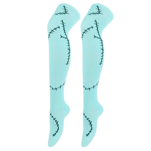 Mint green Sally cosplay thigh high socks with black stitch patterns for Halloween