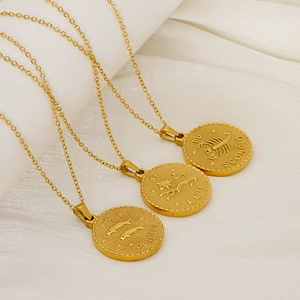 Vintage 18K gold plated stainless steel zodiac coin necklace with 3D embossed pendants