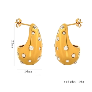 Polished gold teardrop hoop earrings with white zircon inlay and 22mm height dimension