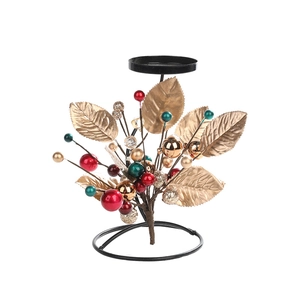 Christmas iron candle holder with gold leaves and colorful baubles decoration