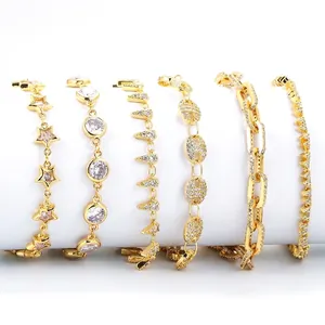 Geometric Star Link Bracelet Copper 18K Gold Plated Cubic Zirconia Adjustable Luxury Fashion Jewelry For Women Men
