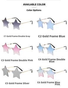 Detailed grid showing six rimless star-shaped sunglasses in vibrant gradient colors