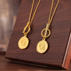French style 18k gold plated titanium necklace with OT buckle and relief portrait pendant