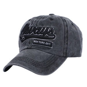 Detail of Always New York City embroidery on washed denim baseball cap in dark grey