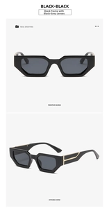 Dual view of retro black square sunglasses with gold temple accents on white background