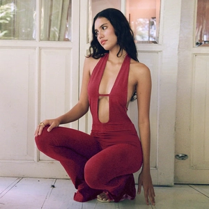 Sexy red deep V-neck halter sleeveless jumpsuit with slim fit design for women