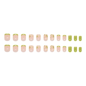 24pcs Green French daisy press-on nails in short square shape with glossy finish