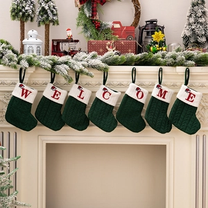 Knitted Christmas Stocking Green White Embroidery Initial Letter Snowflake Pattern Holiday Fireplace Hanging Decor Festive