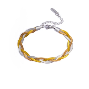 Three-tone braided herringbone chain bracelet in gold, silver and rose gold stainless steel