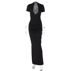 Detail showing waist ruching and front cutout on a black short sleeve maxi dress