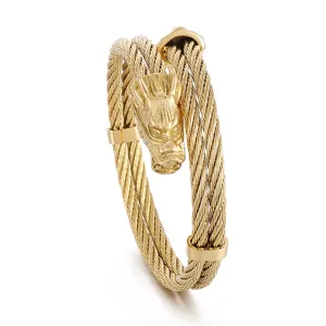 Dragon Head Cable Bangle 316L Stainless Steel Punk Double Wire Cuff Bracelet For Men Gothic Viking Jewelry