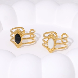 Vintage Stainless Steel Open Ring 18K Gold Plated Marquise Enamel Adjustable Finger Jewelry For Women