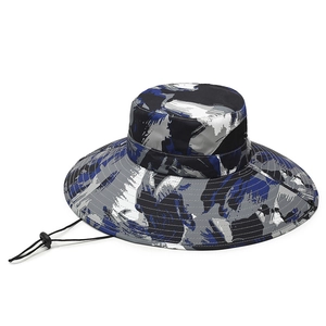 Camo wide brim fishing hat with breathable mesh and adjustable chin strap for sun protection