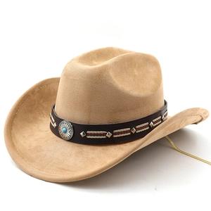 Cappello da cowboy etnico in pelle scamosciata cammello con fibbia turchese e rivetti