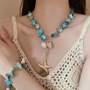 Starfish Shell Pendant Necklace Irregular Blue Beads Faux Artificial Pearl Gold Alloy Seaside Beach Vacation Bohemian Jewelry Women