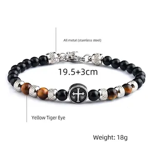 Men's 6mm Tiger Eye and Black Agate beaded bracelet with a stainless steel cross charm