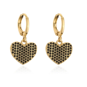 Detailed view of 18K gold plated heart earrings with pavé set black cubic zirconia stones