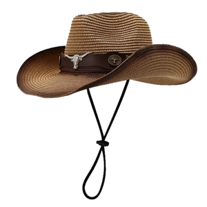 Western cowboy straw hat with bull head ornament and adjustable windproof strap
