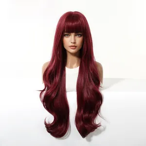 Detailed view of long wavy burgundy wig with bangs on a professional mannequin head