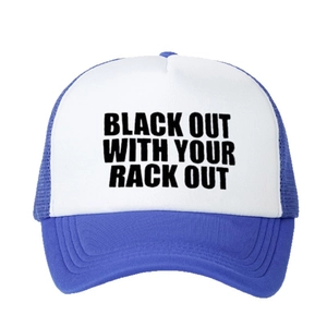 Blue and white trucker hat featuring black bold text print with adjustable mesh back