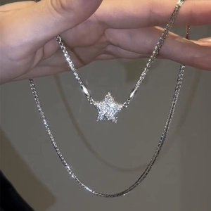 Magnetic Pentagram Star Pendant Necklace Stainless Steel Rhinestone Zircon Clavicle Chain Silver Jewelry For Women