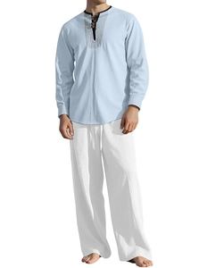 Men's breathable linen set featuring light blue Henley shirt and white wide-leg beach pants