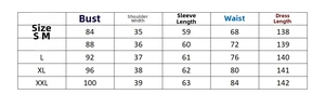 Detailed size chart for the palace style stand collar maxi dress from S to XXL