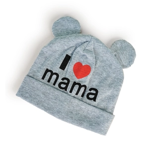 Detail view of grey knit baby hat with bear ears and I love mama print on white base