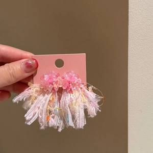 Detailed view of pink floral tassel earrings with intricate bead and lace work decoration