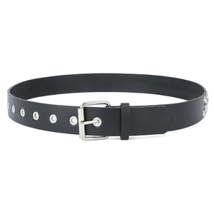 Fashionable black leather belt with silver square buckle and metal star rivets on white background