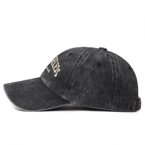 Vintage washed dark grey cotton baseball cap with side embroidery and curved brim