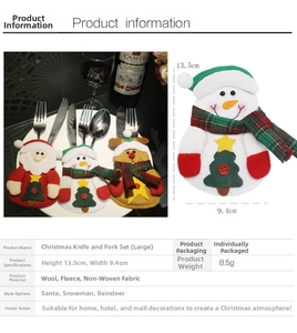 Detailed specification sheet for Christmas cutlery holders in snowman and Santa designs