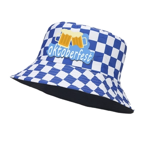 Blue and white checkered Oktoberfest bucket hat with beer mugs embroidery patch