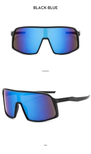 Front and side views of black frame cycling sunglasses with blue-purple mirrored lens