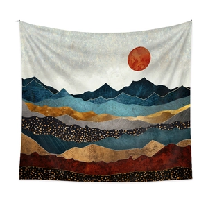 Modern abstract mountain tapestry with sunrise graphic and golden line accents