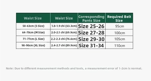 Size chart for punk rivet PU leather belt ranging from S to XL with length measurements