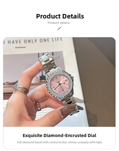 Detail of silver steel women's watch with rhinestone bezel and pink sunray dial texture