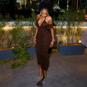 Deep brown halter neck maxi dress with ruched detailing and braided tassel trim