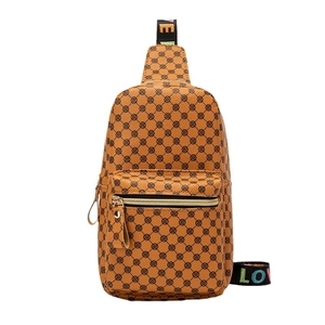 Brown faux leather crossbody chest bag with floral pattern and LOVE lettered strap