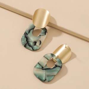 Retro green acrylic and matte gold geometric earrings with stylish marble pattern finish