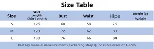 Size chart for floral strapless dress with length, bust, waist, and hip measurements in cm