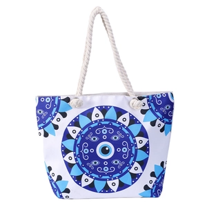 Blue and white beach tote bag with evil eye mandala print and thick cotton rope handles